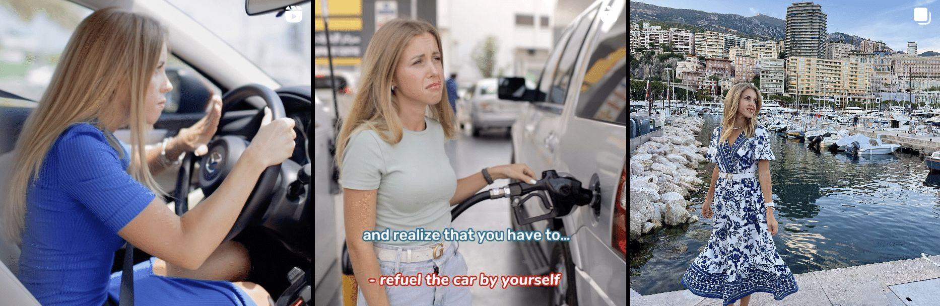 A woman in a blue dress is driving a car.