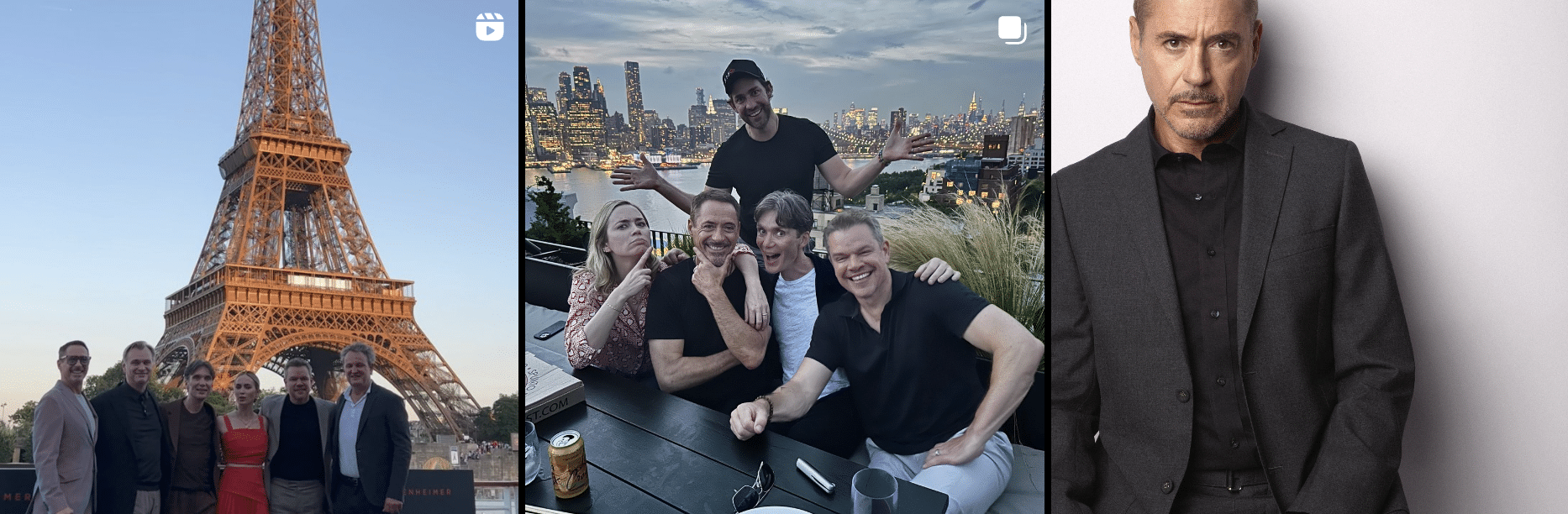 A group of people sitting at a table with a city in the background.