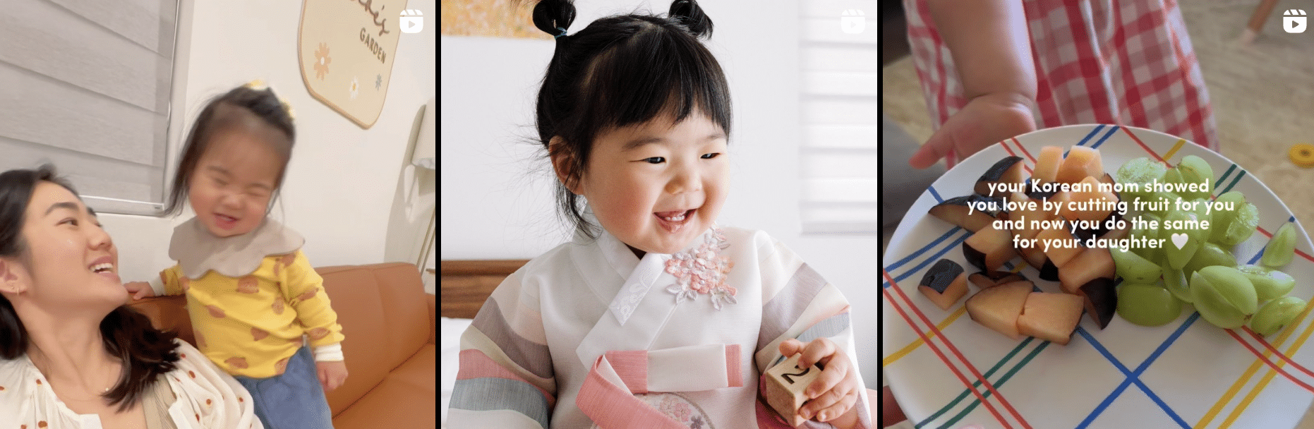 Two pictures of a child eating food with a plate in front of her.