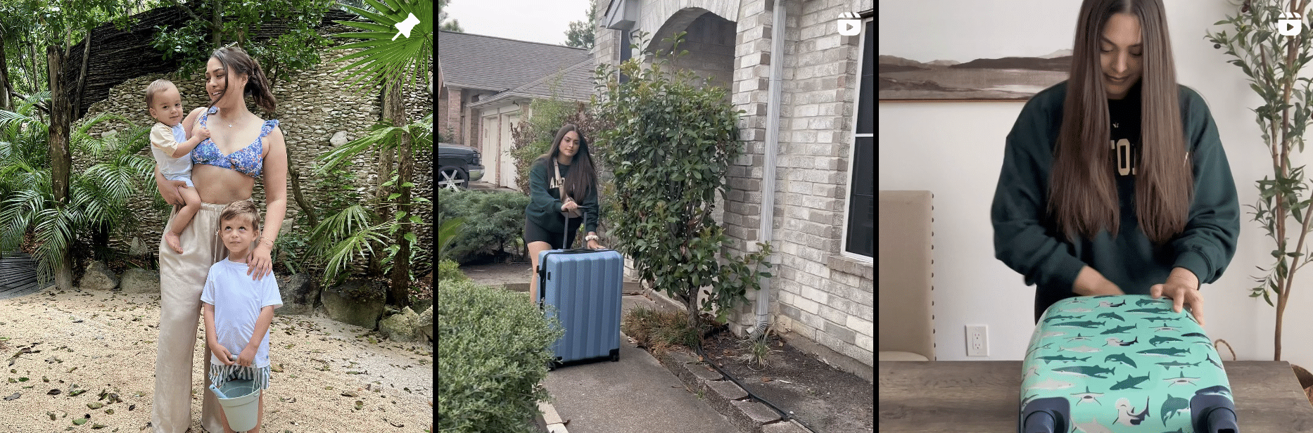 A woman is holding a suitcase in front of a house.