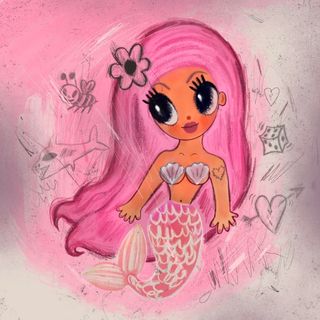 A mermaid with pink hair on a pink background.