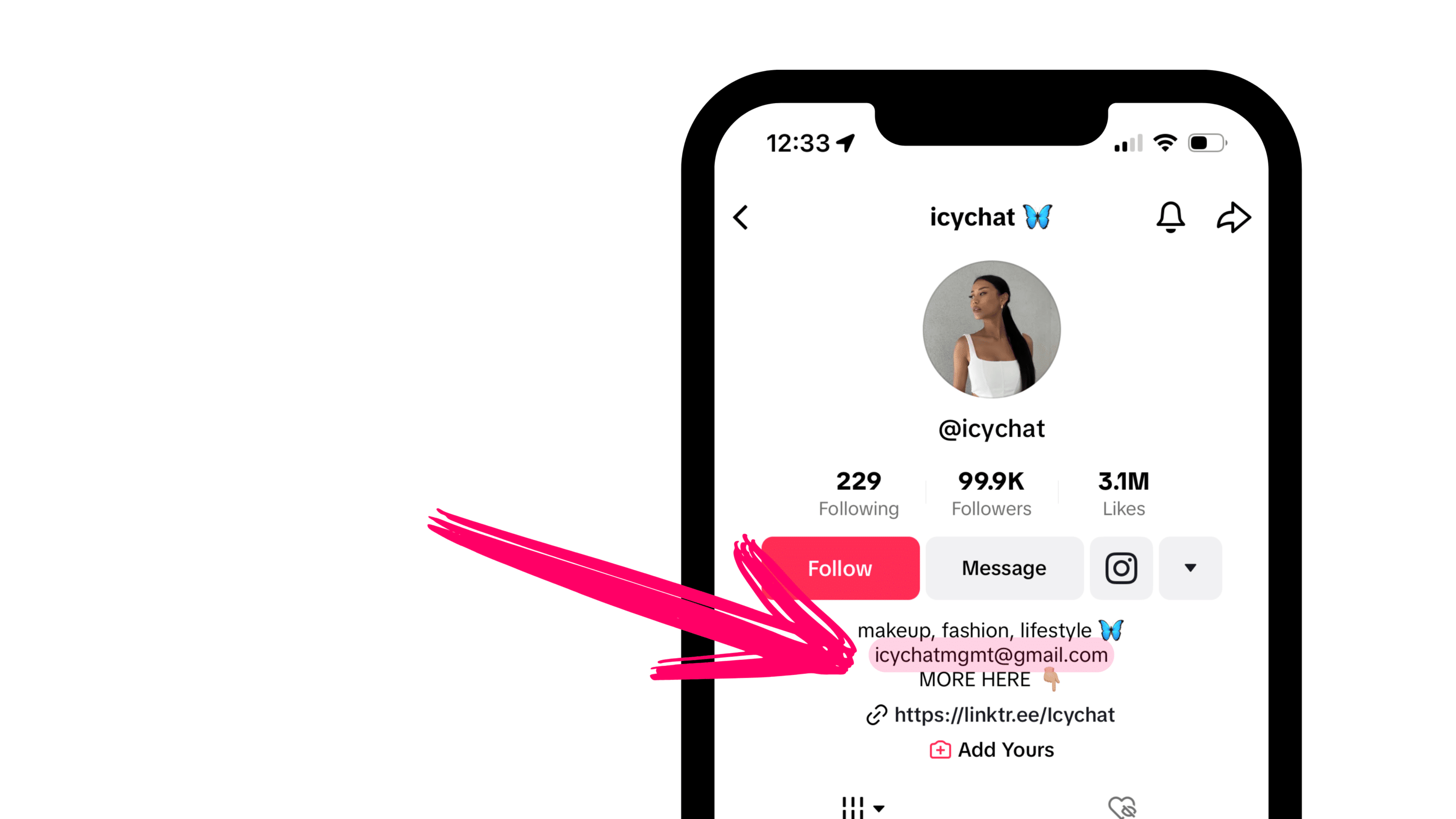 A phone with a pink arrow pointing to a social media account and TikTok bio.