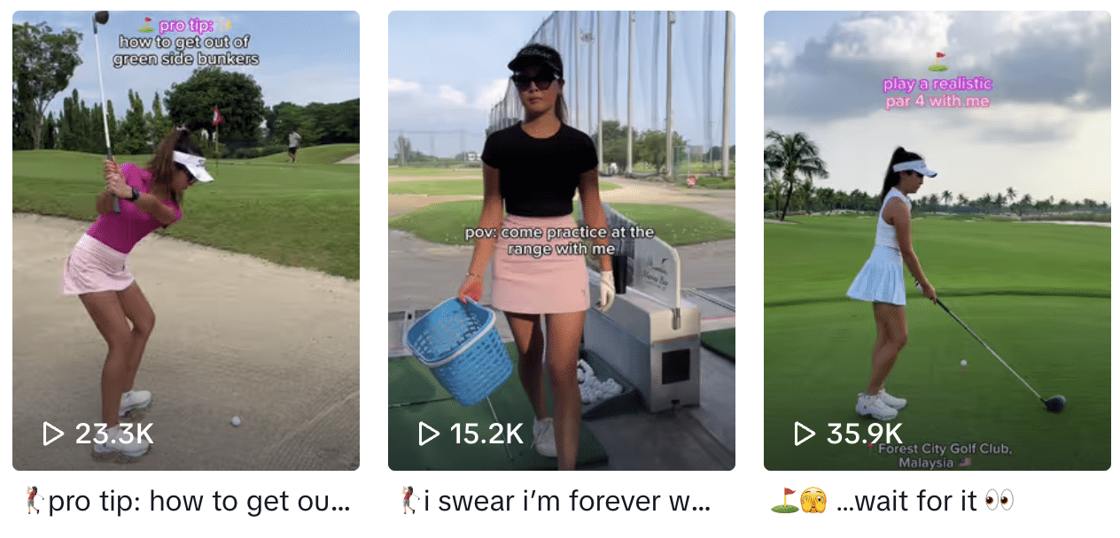 Four pictures of a woman playing golf with a golf ball.