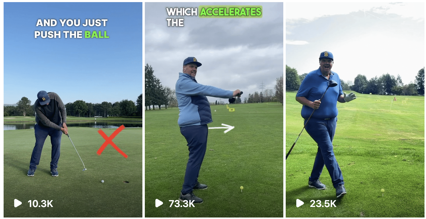 Four different shots of a golf influencer hitting the ball.