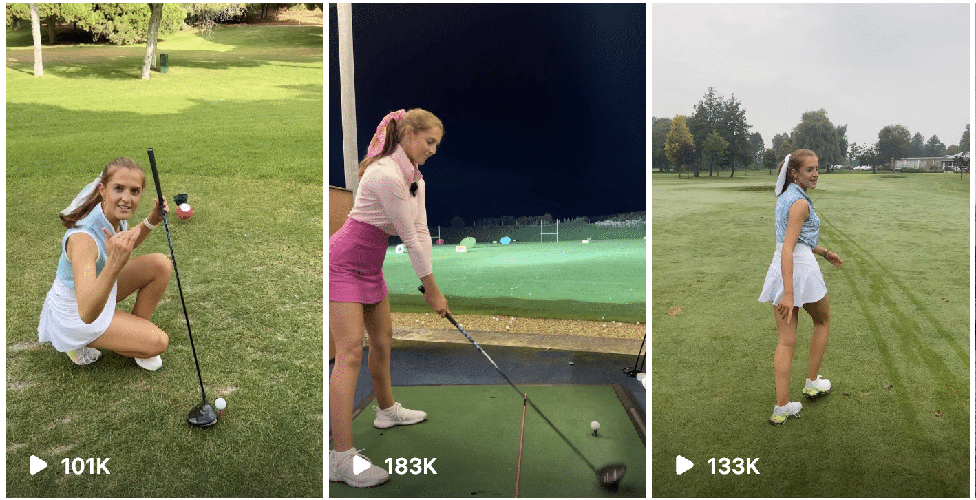Four pictures of a girl playing golf.
