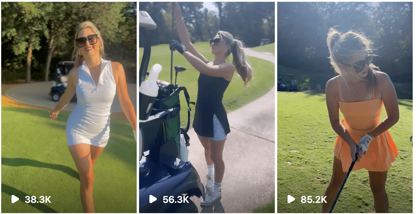 Four different pictures of a woman playing golf.