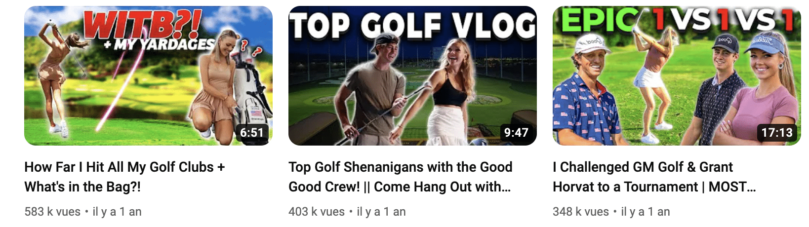 Screenshot of top youtube videos of golf influencer, Claire Hogle.