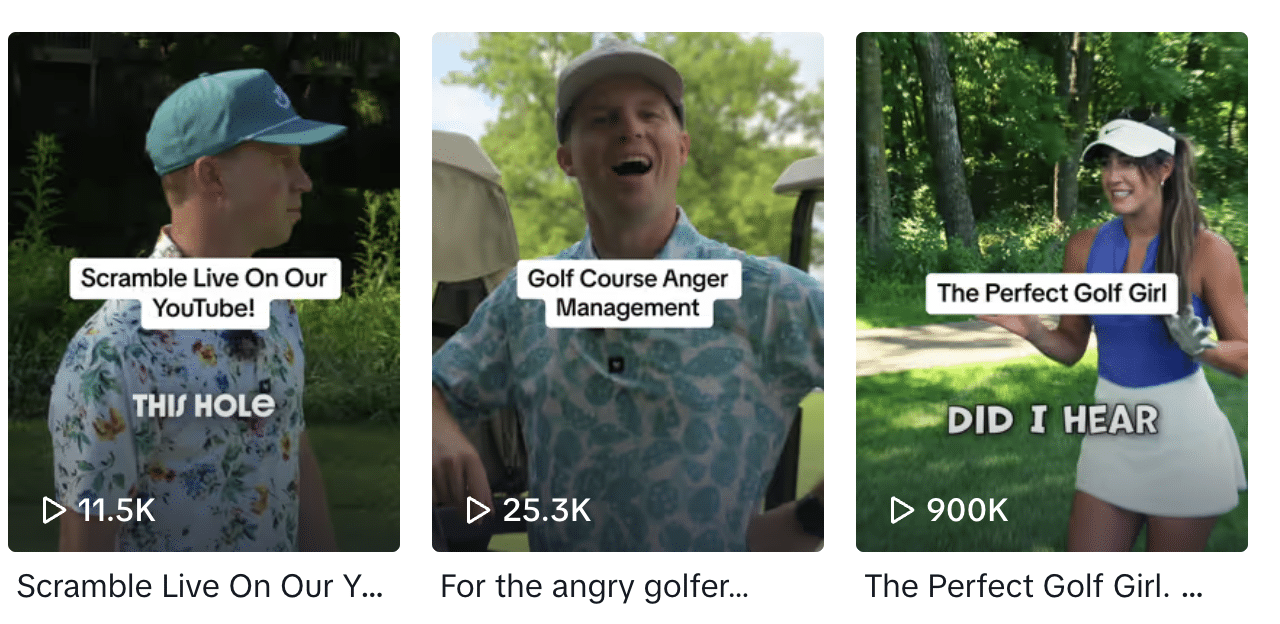 A screen shot of a golf video with a woman in a hat and a man in a hat.