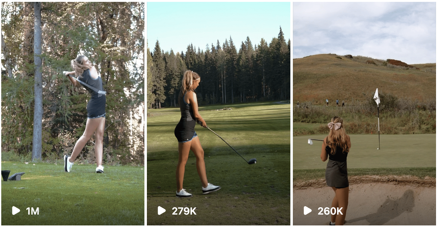 Four pictures of a woman playing golf.