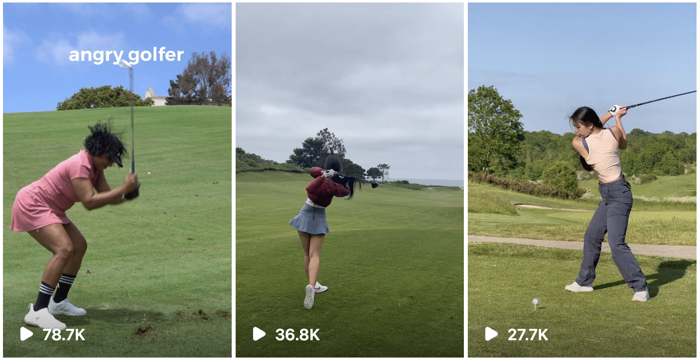 Four different shots of a woman playing golf.