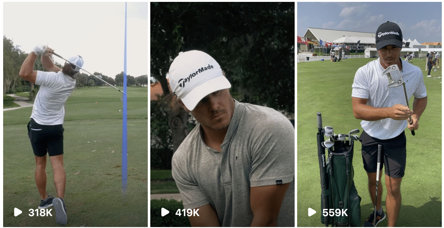 Four different shots of a golfer swinging a golf club.