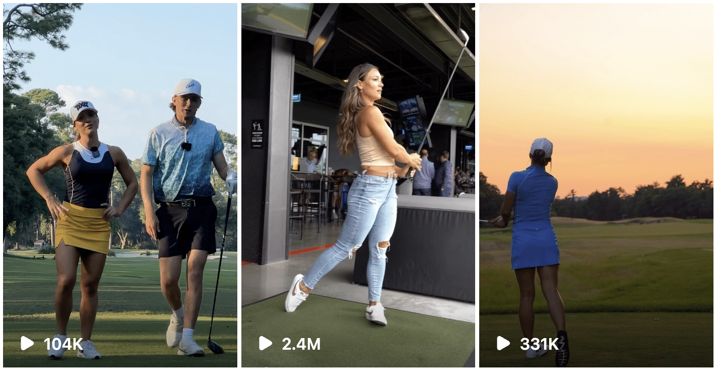 Four pictures of a hot female golfers and a man on a golf course.