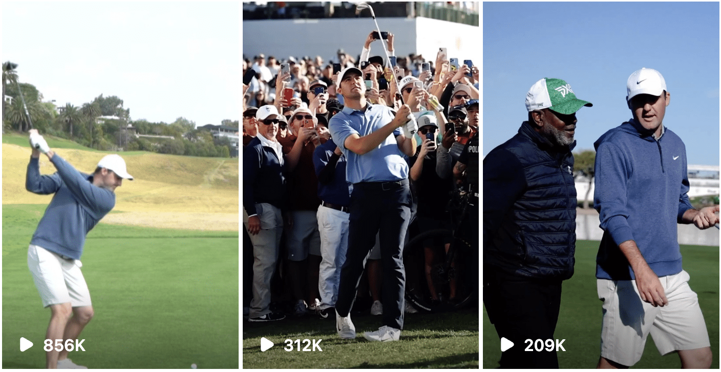 Four pictures of a man playing golf in front of a crowd.