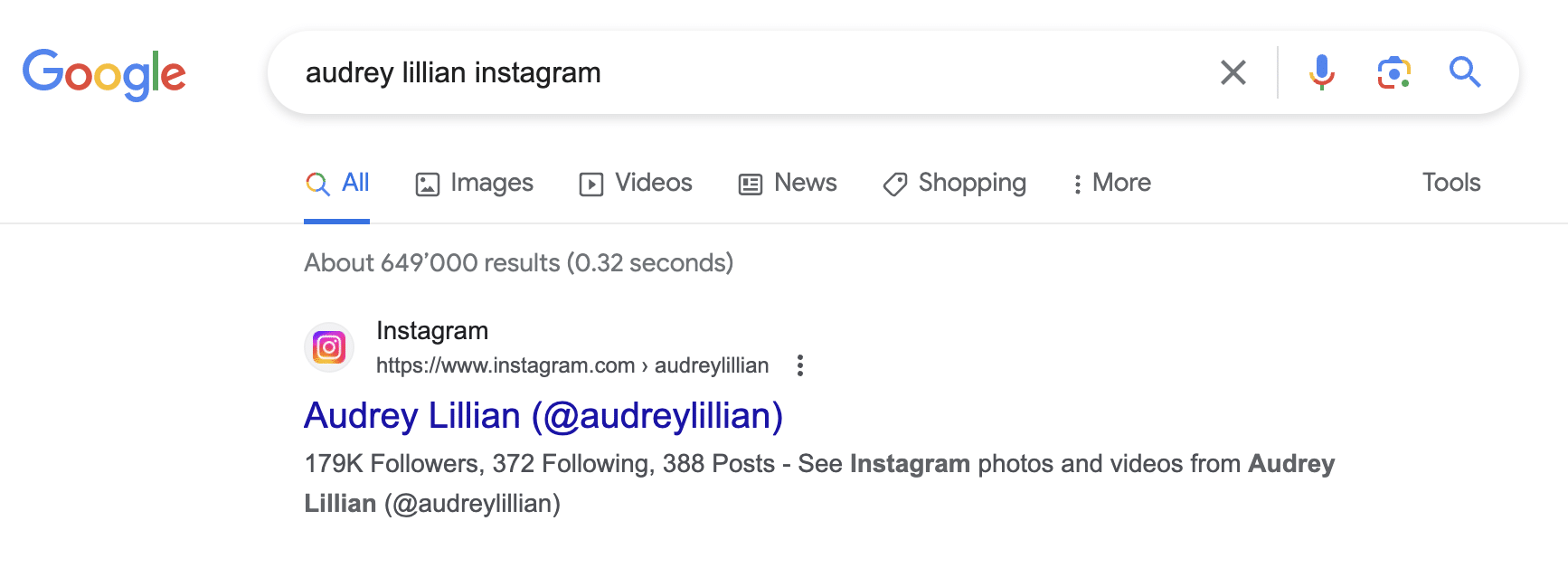 A google search for the instagram account.