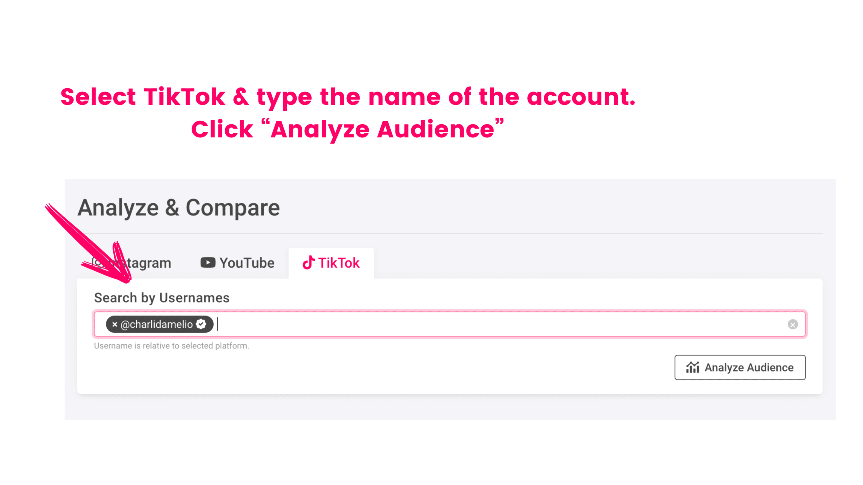 Click Analytic screenshot of "Analyze & Compare" feature with Charli D'amelio selected.