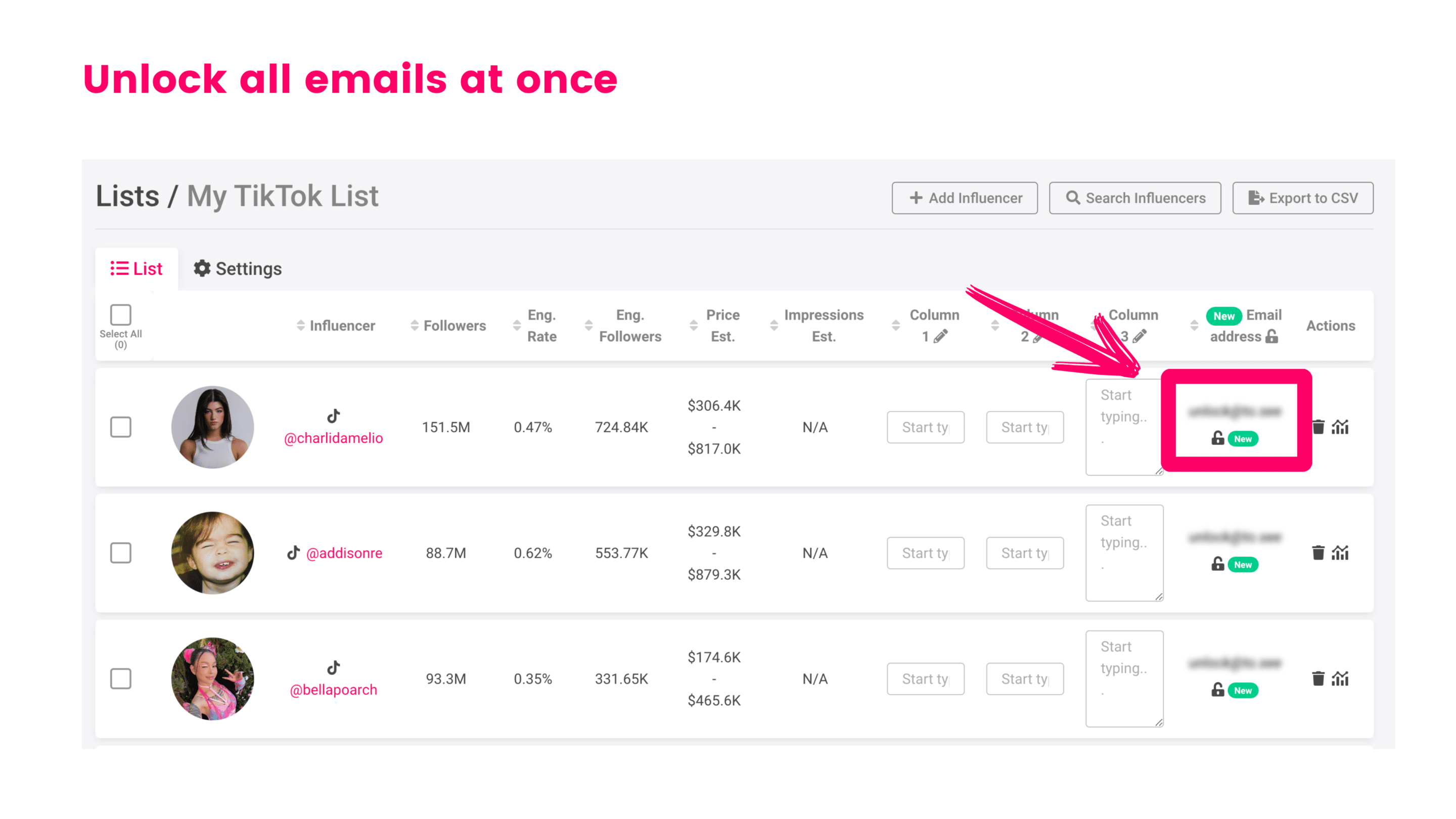A list of emails of TikTok influencers on Click Analytic.