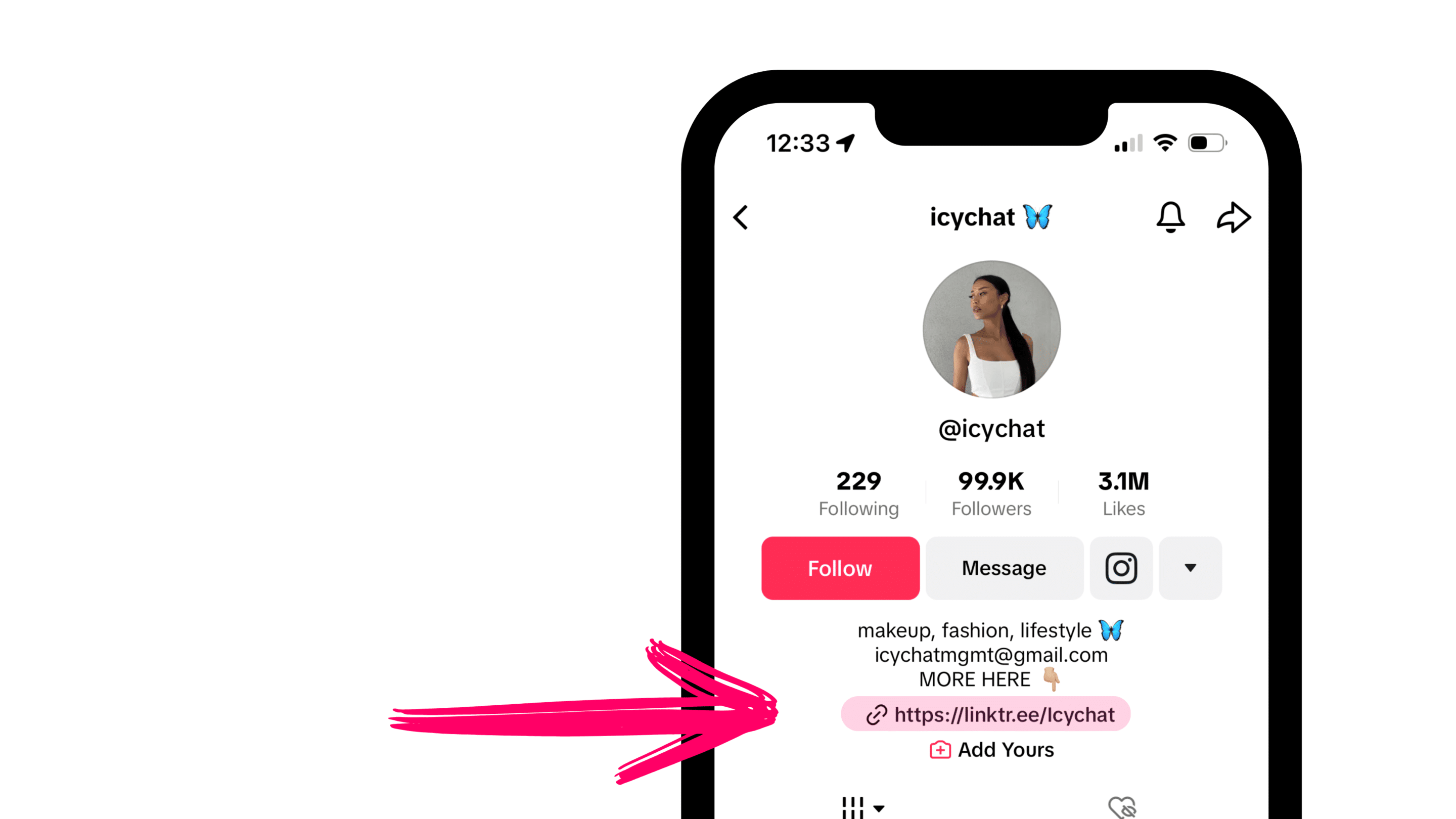 A phone with a pink arrow pointing to a TikTok bio.