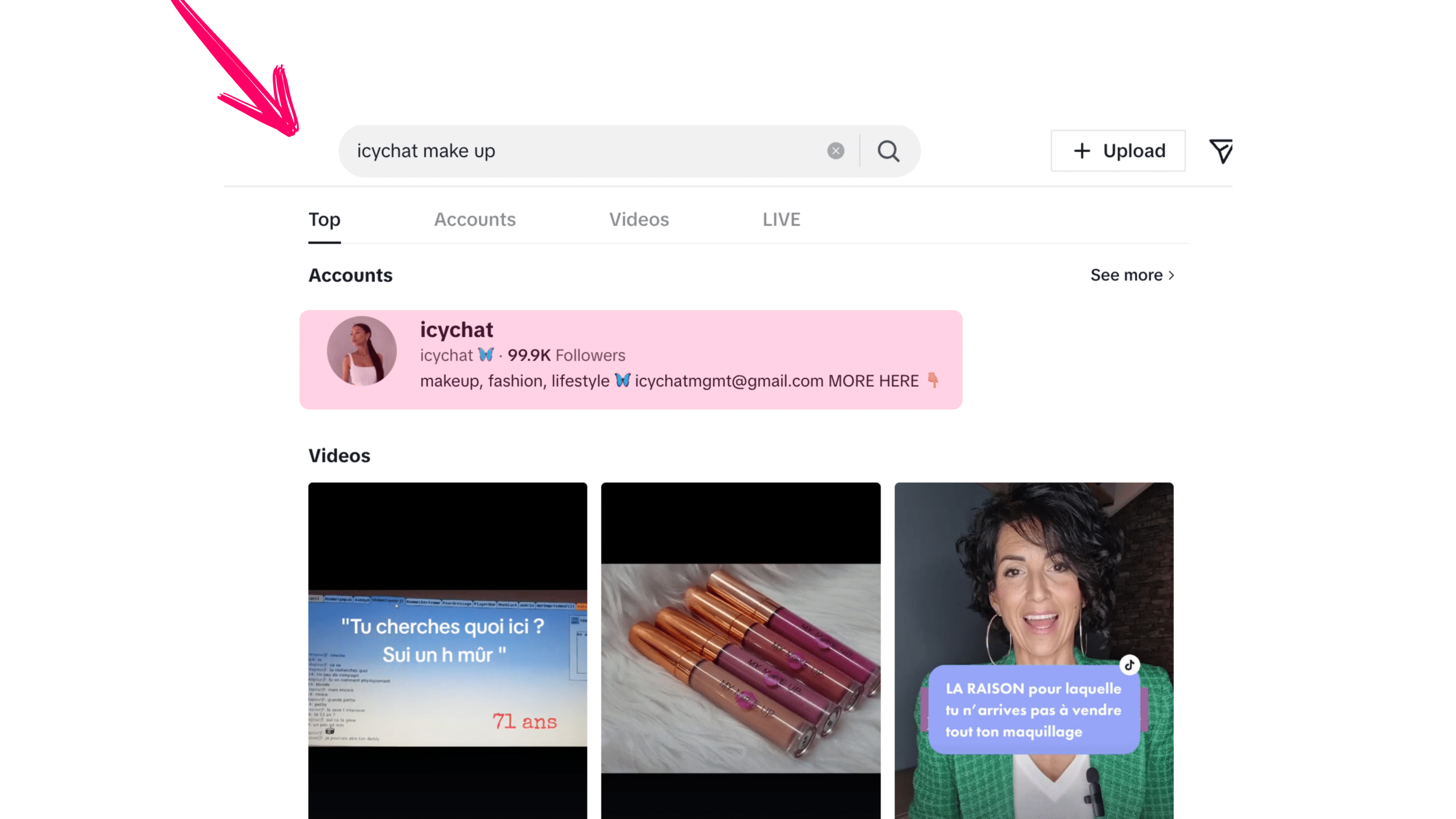 A screenshot of a TikTok search page with a picture of a woman's profile.