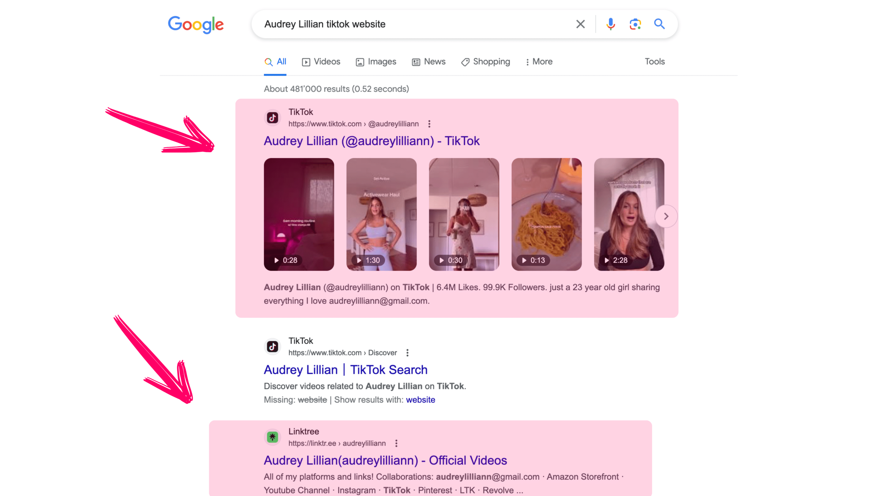 A screenshot of a google search page with a picture of a girl.