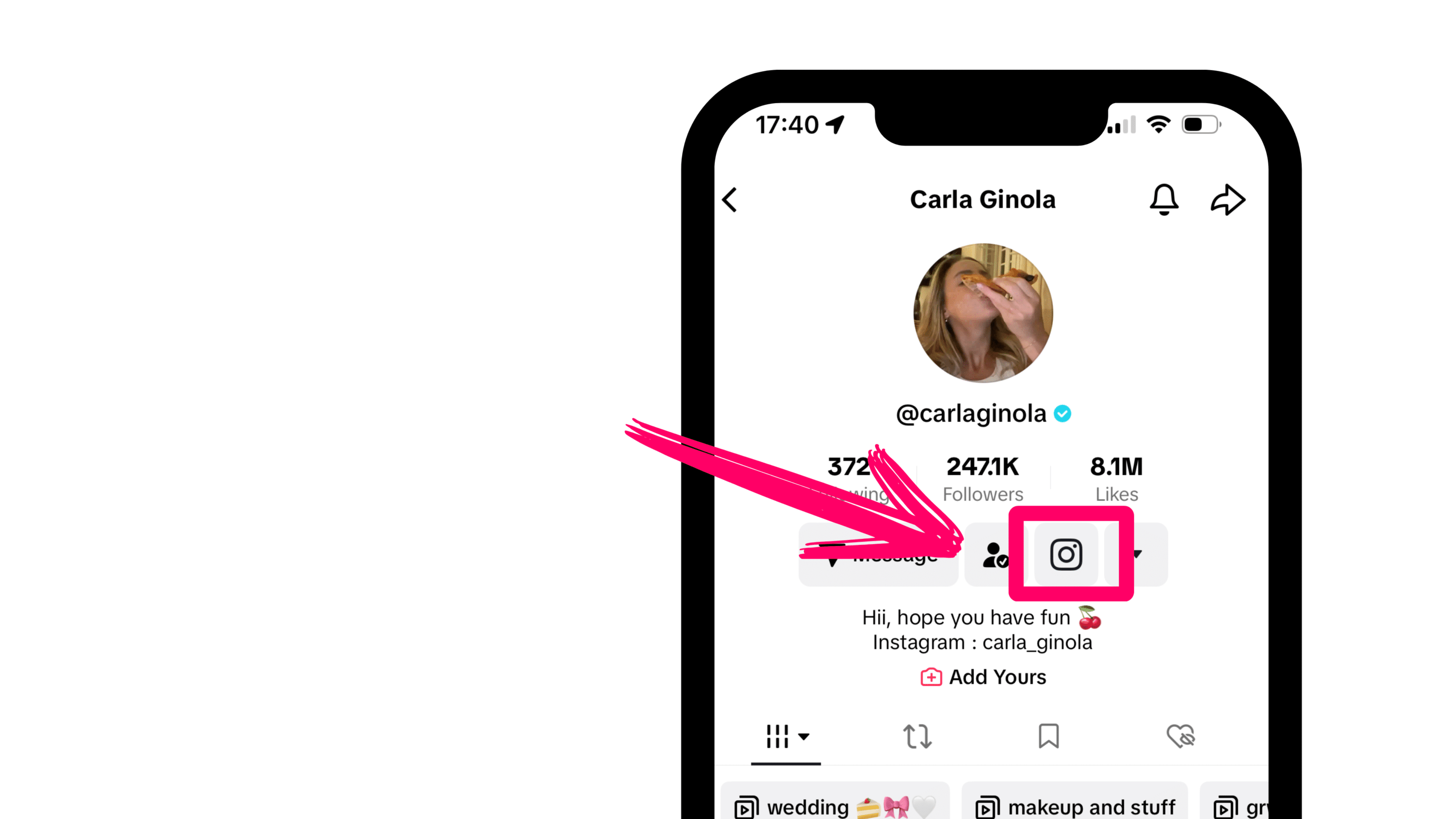 An iphone with an arrow pointing to an instagram account.