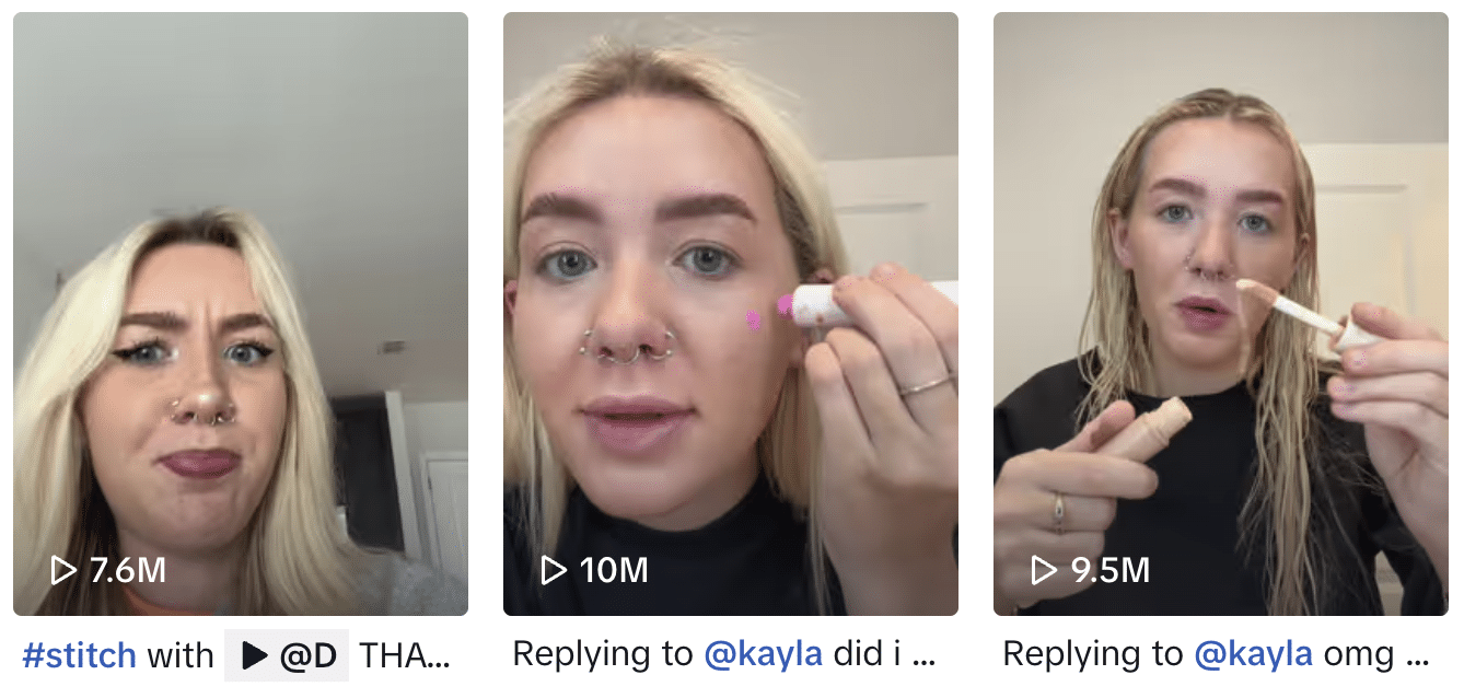 Four pictures of a woman applying makeup to her face.