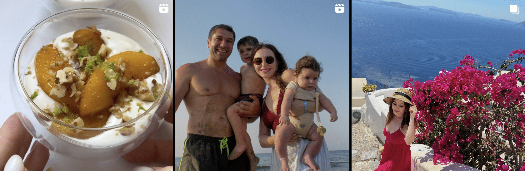 A picture of a family with a bowl of yogurt and a view of the ocean.