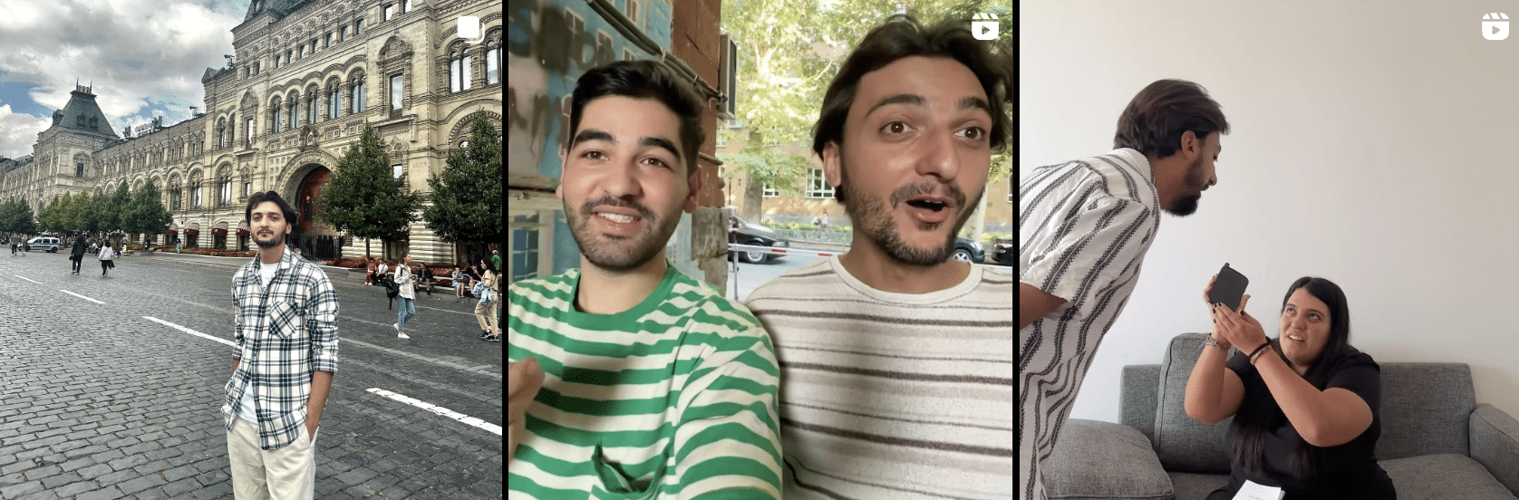 A man and a woman are taking a selfie in front of a building.