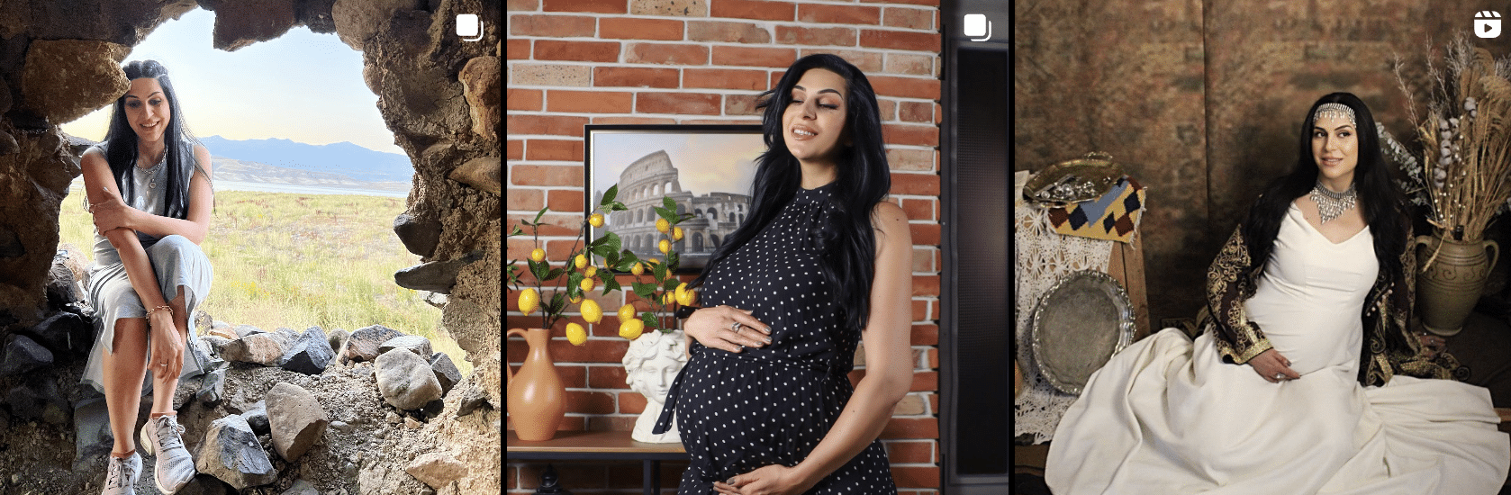 Four pictures of a pregnant woman posing in front of a rock.