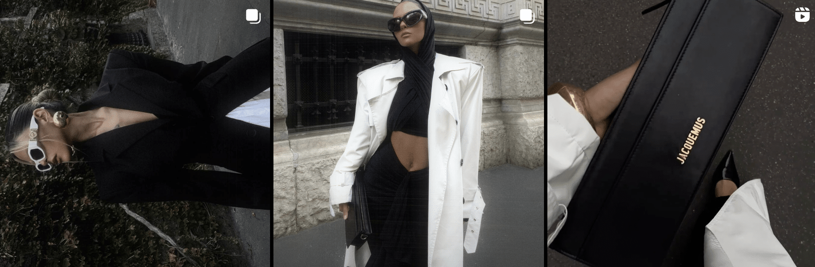 Four pictures of a woman wearing a white coat and a black bag.