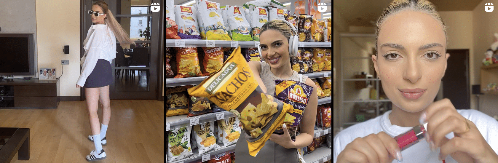 Three pictures of a woman in a grocery store.