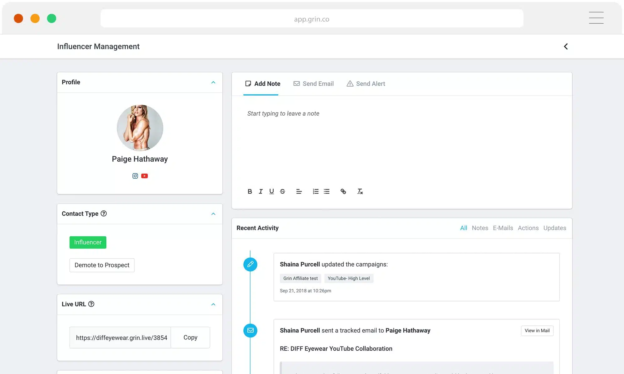 A screen shot of Grin.co dashboard.