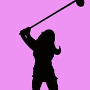 A silhouette of a woman playing golf on a pink background.