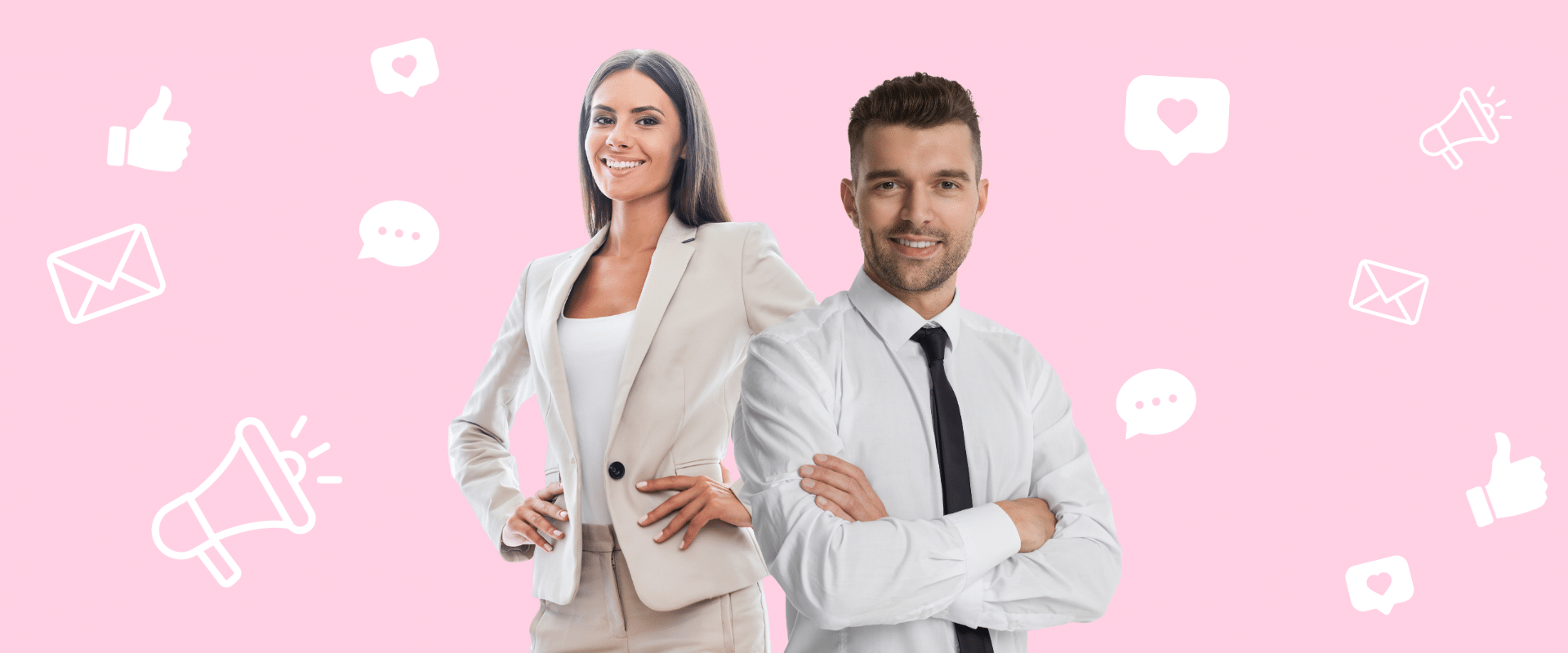 A man and woman standing in front of a pink background with social media icons.