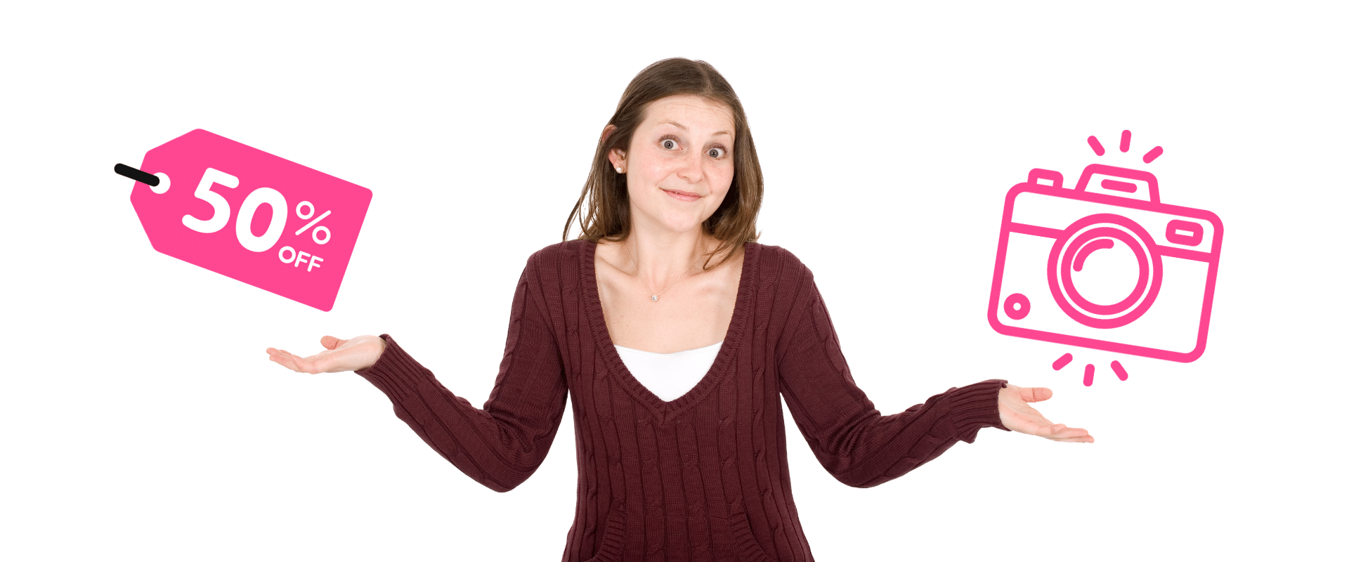 A woman holding a camera with a 50 % off sign.