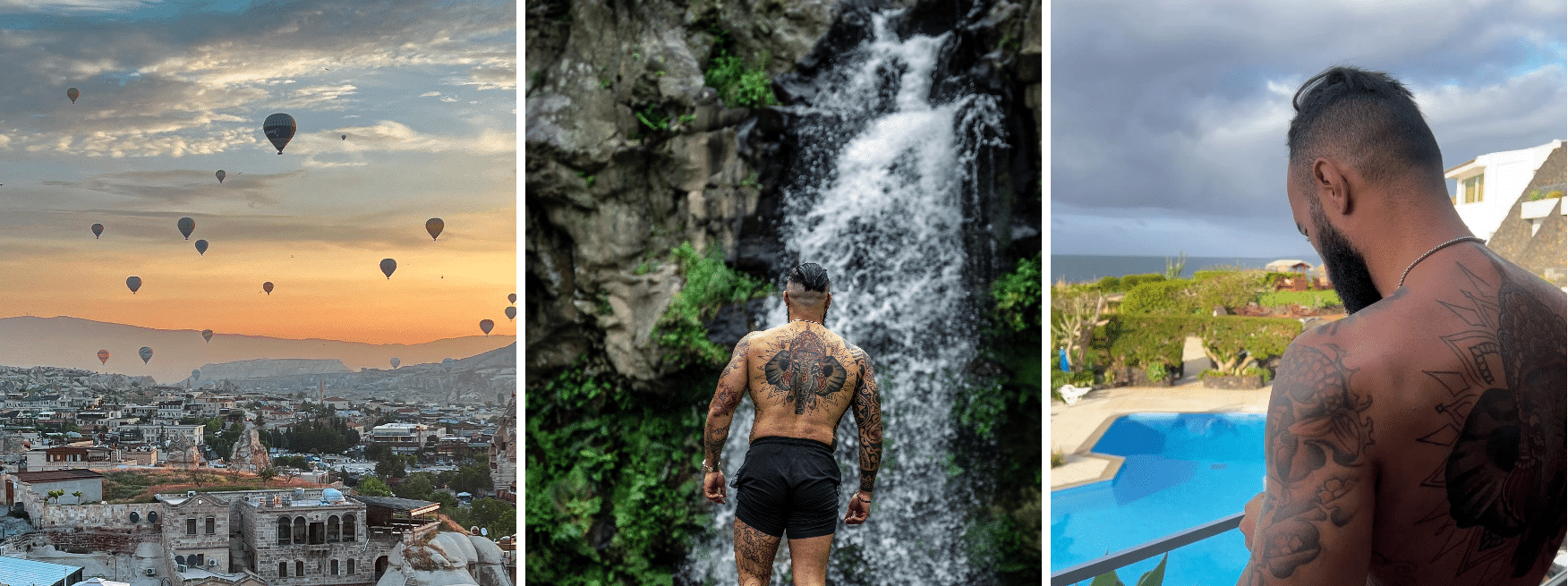 A man with tattoos is standing in front of a waterfall and hot air balloons.