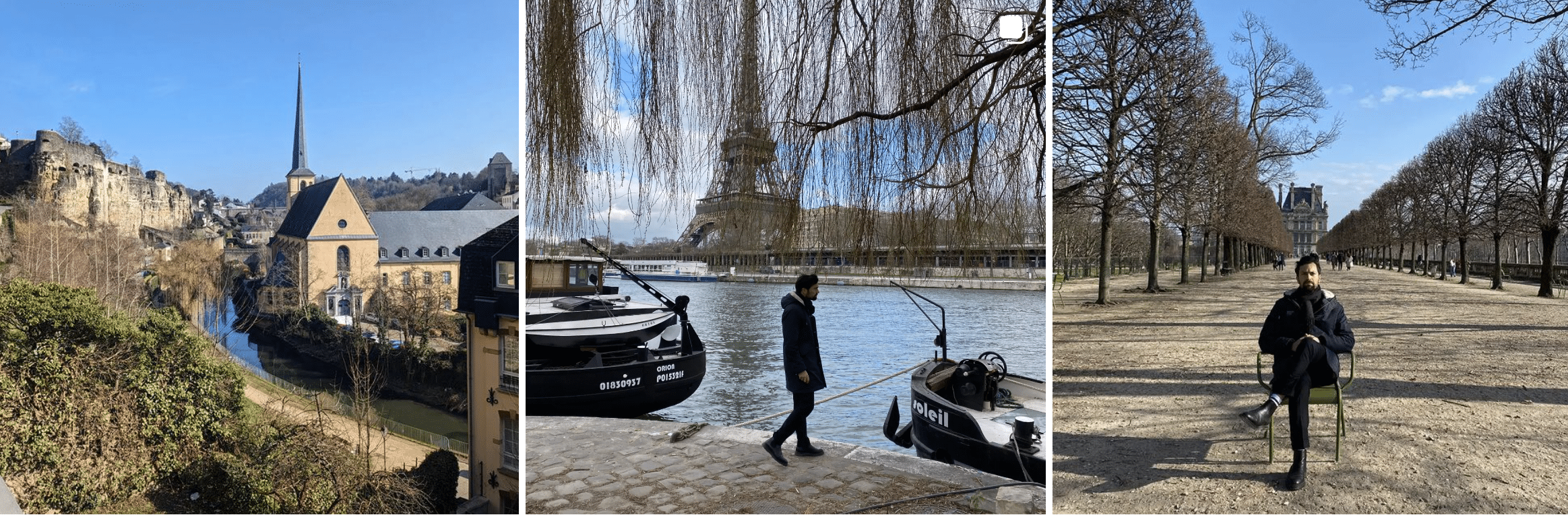 Four pictures of a woman walking down a street with a boat in the background.