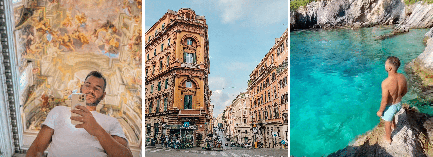 A collage of pictures of a man and a woman in rome, italy.