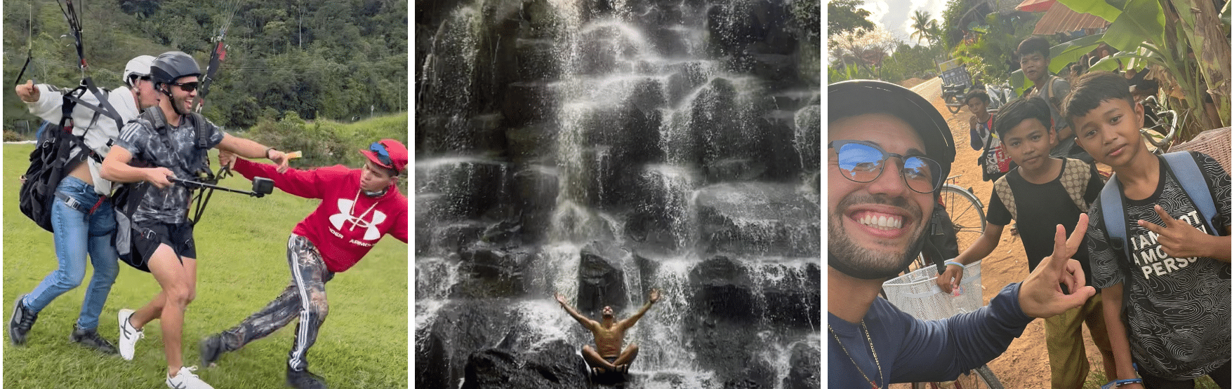 A collage of photos of people in front of a waterfall.