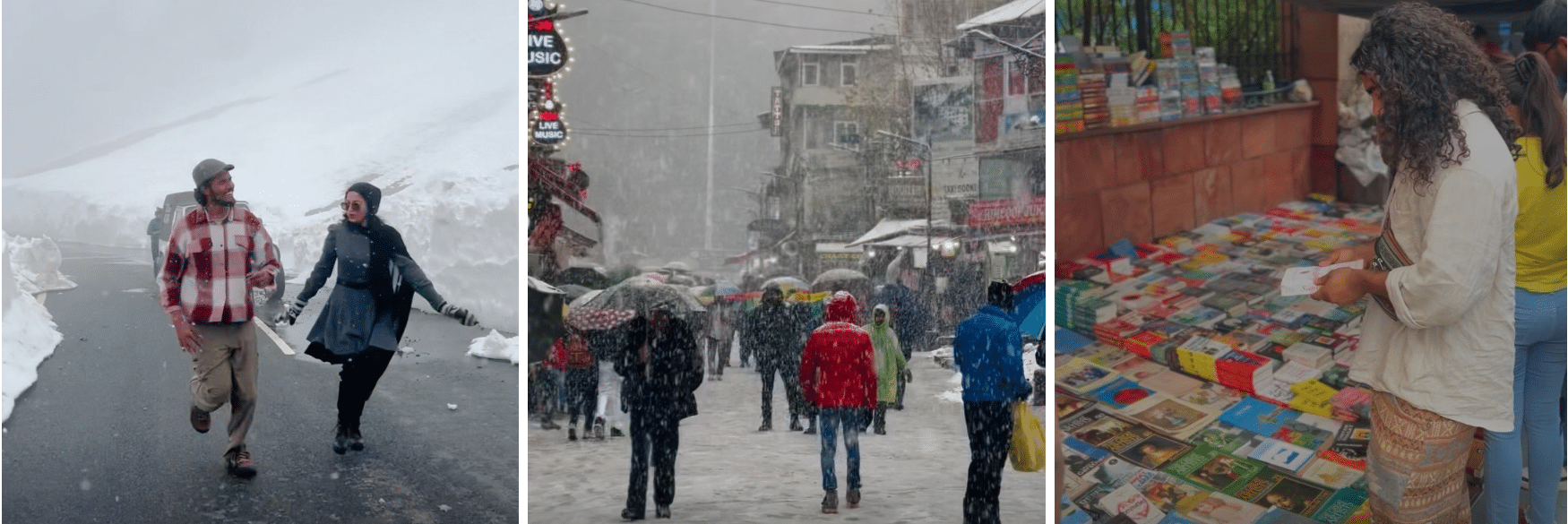 Three pictures of people walking down a street in the snow.