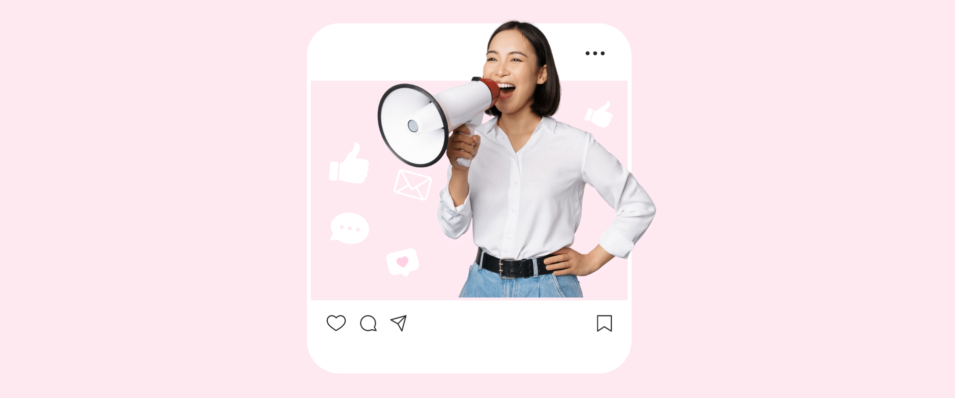 A woman holding a megaphone on a pink background.