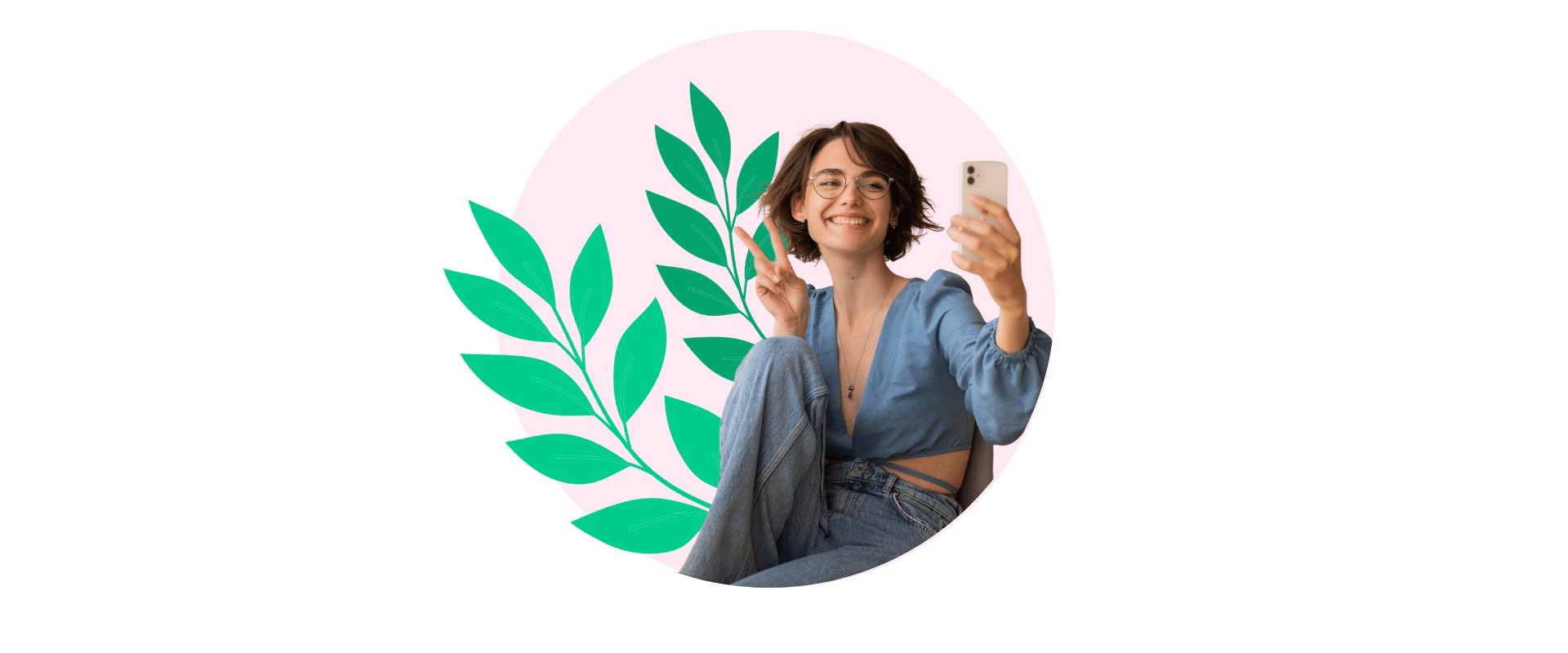 A woman is taking a selfie with a green leaf in the background.