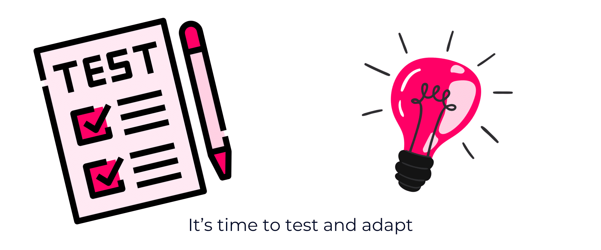 A pink light bulb and a paper with the words test and analyze.