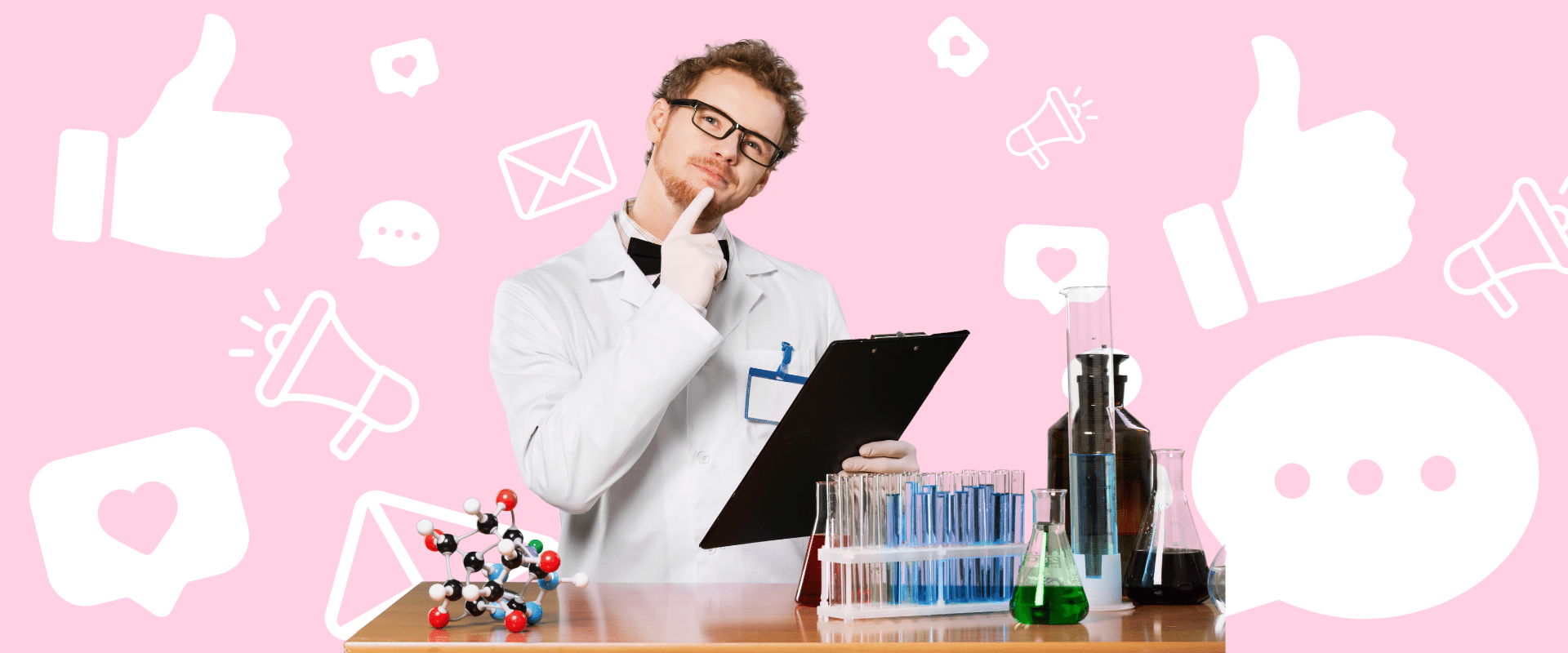 A man in a lab coat is holding a clipboard with social media icons.