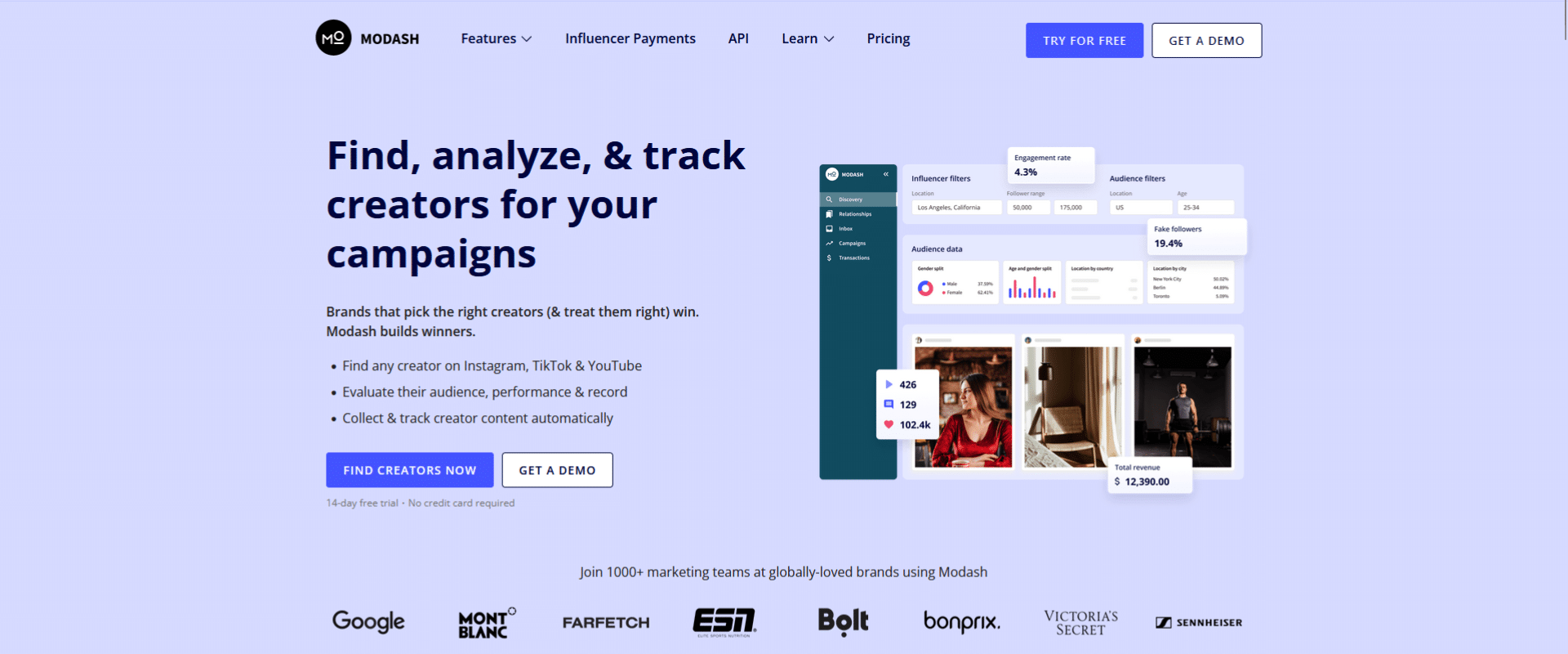 Modash review: A landing page with a banner that says find analytics and track creators for your campaigns.