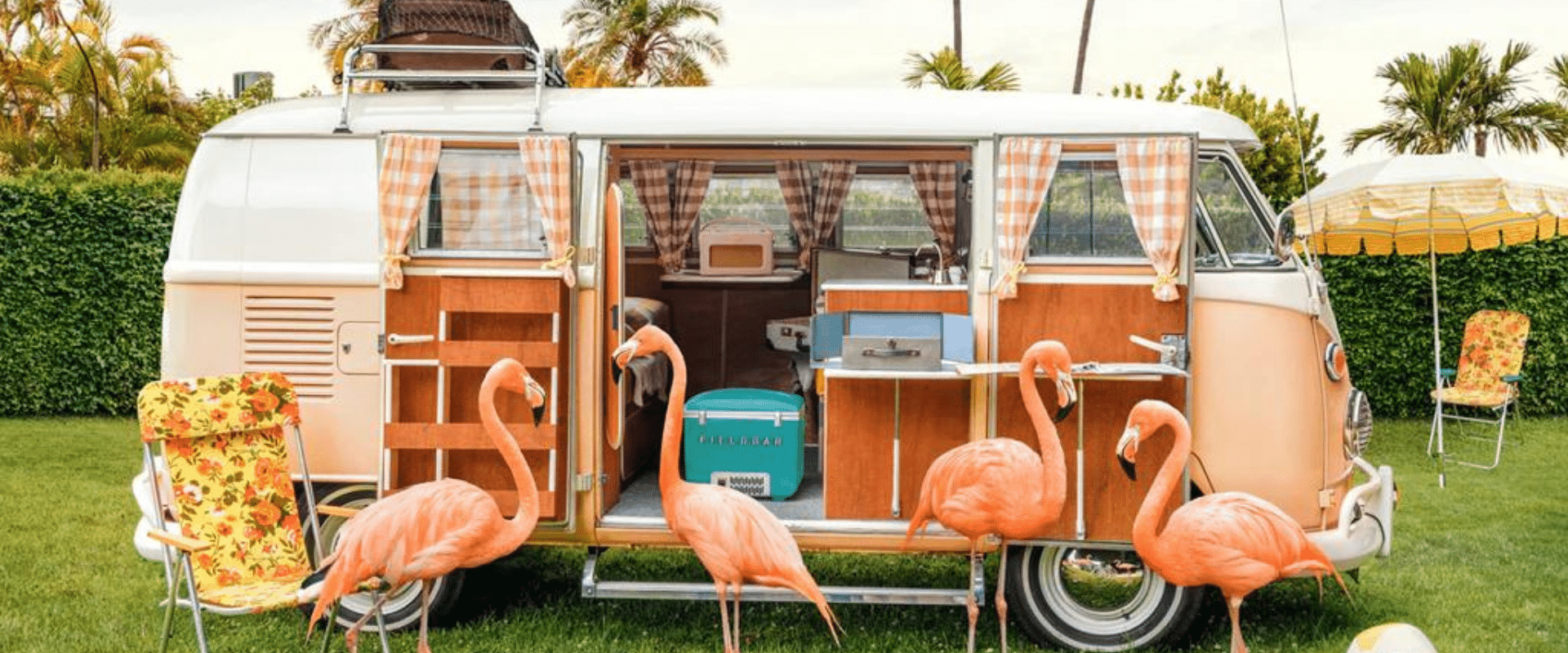 A pink vw camper van with flamingos sitting in the grass.