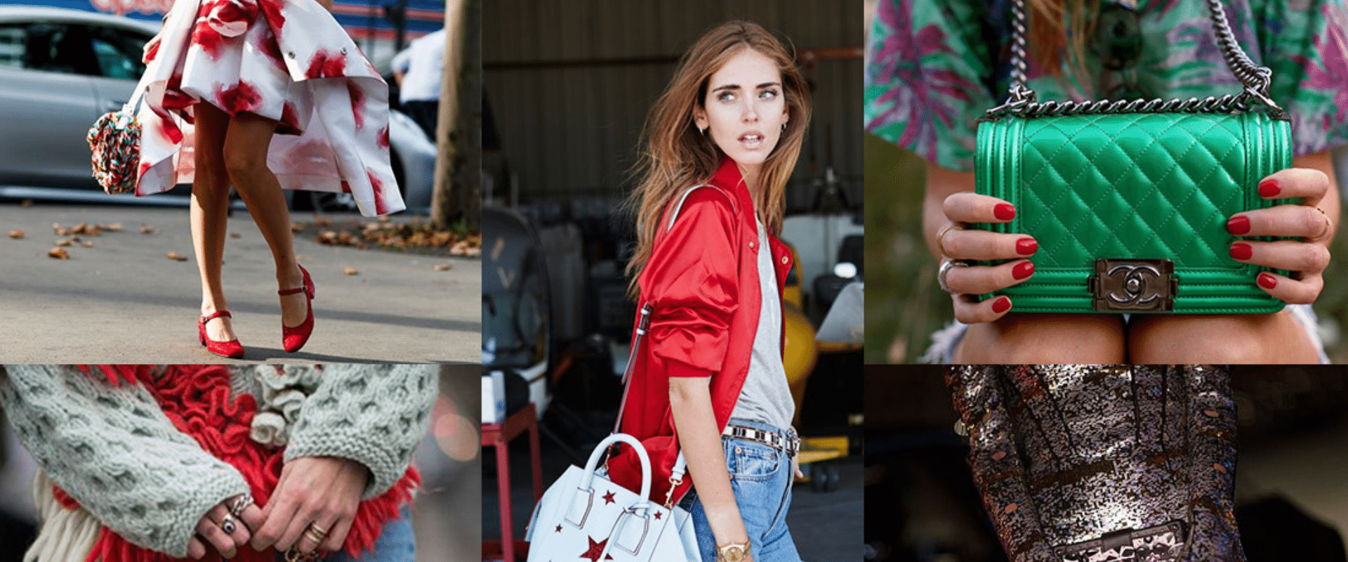 A collage of pictures of a woman holding a purse.