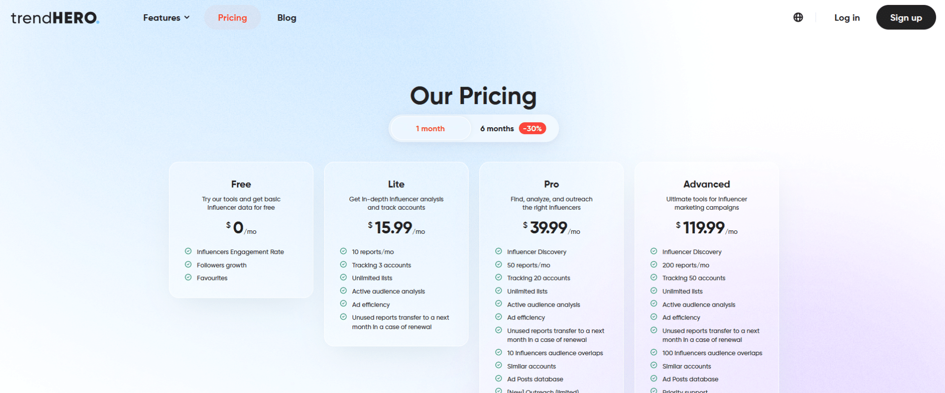 The pricing page of a website.