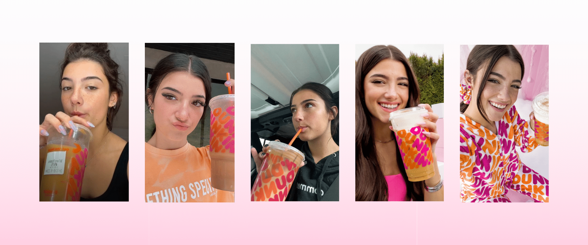 A group of girls are holding a cup of dunkin donuts.