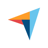 A blue and orange triangular logo on a black background.
