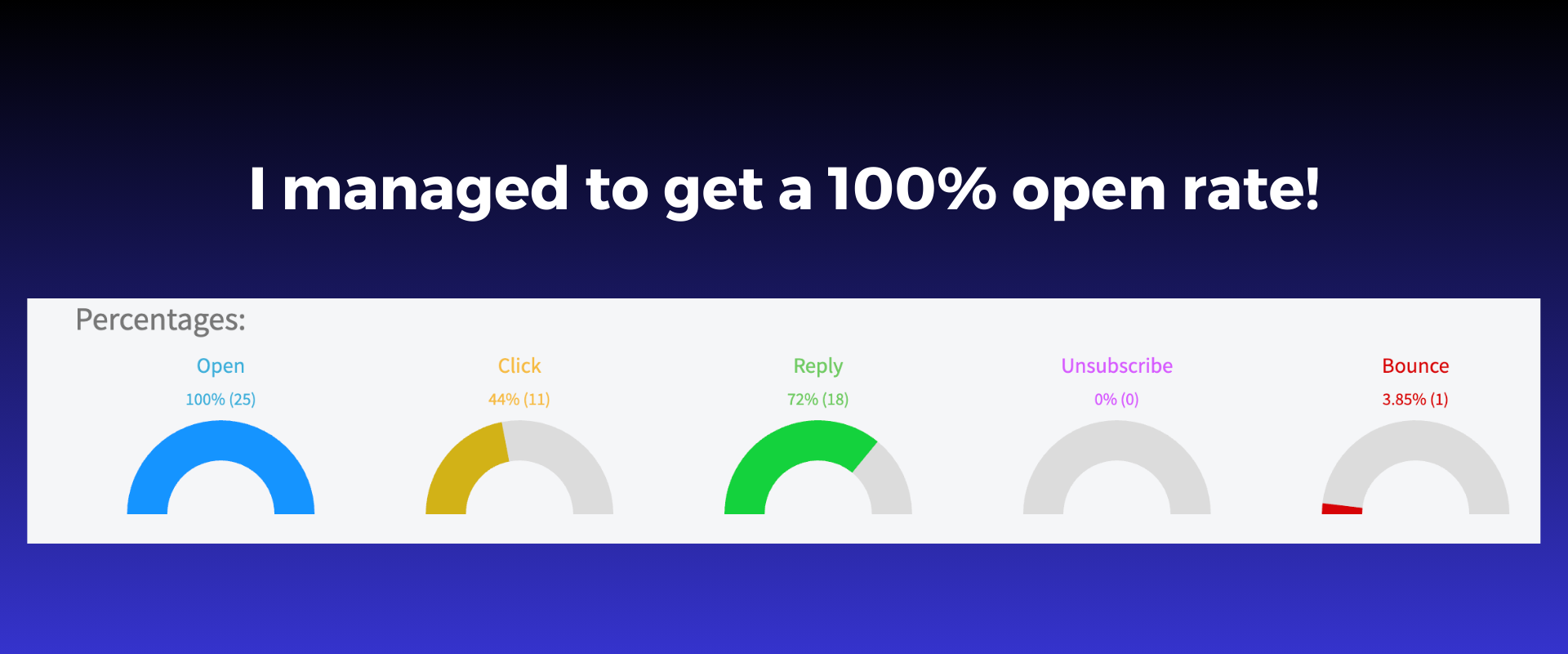 Graphic showcasing email campaign metrics with a 100% open rate achievement.